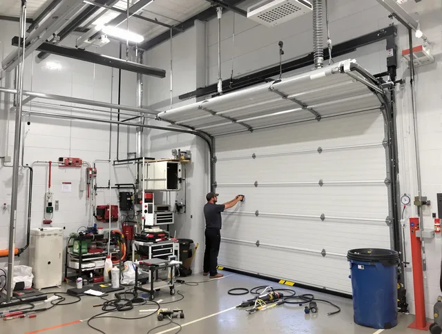Wallingford Garage Door Repair certified technician performing commercial door repair at a Wallingford business facility