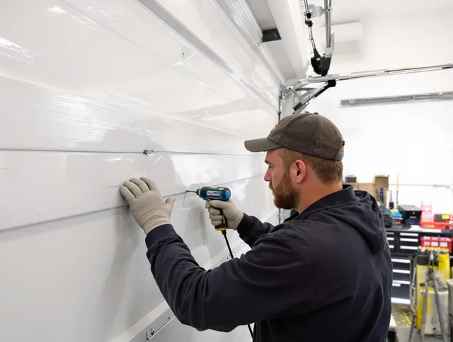 Wallingford Garage Door Repair technician demonstrating precision dent removal techniques on a Wallingford garage door