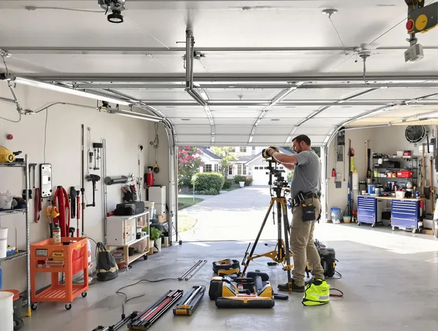 Wallingford Garage Door Repair specialist performing laser-guided track alignment in Wallingford